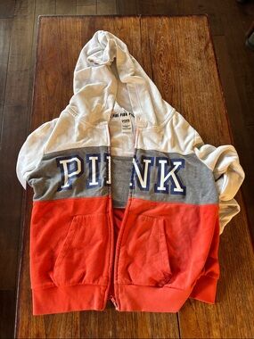 PINK Victoria's Secret Colorblock Zip Hoodie - White, Gray & orange Coral vintag